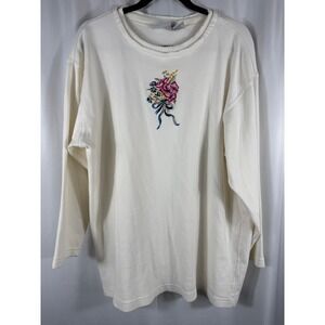 Vintage Capacity Long‎ Sleeve Top Floral Embroidered Cream Cotton Women's Medium